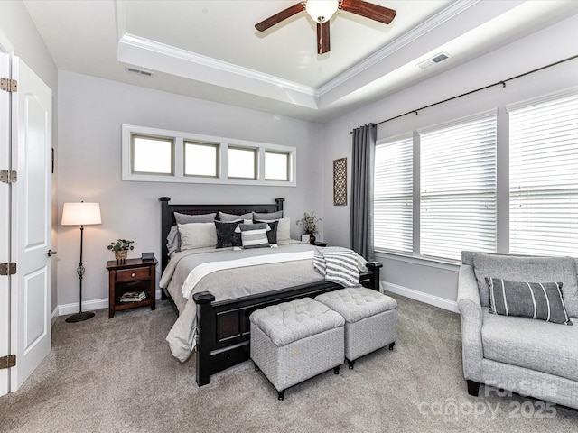 2005 Arbor Hills Dr, Indian Trail, NC 28079 - carpeted bedroom featuring ornamental molding, a tray ceiling, and ceiling fan