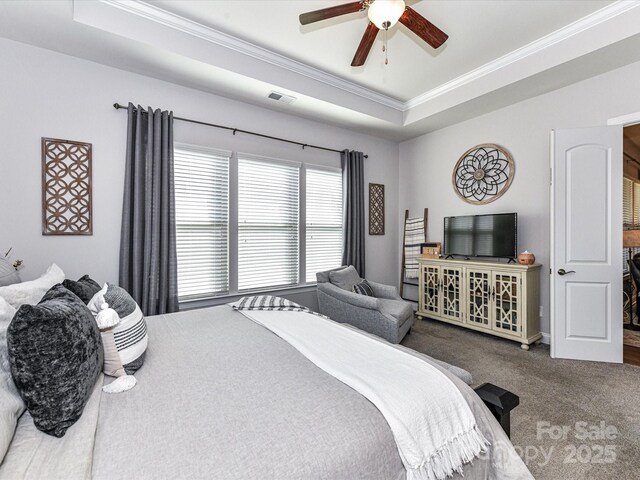 2005 Arbor Hills Dr, Indian Trail, NC 28079 - carpeted bedroom with crown molding, a raised ceiling, and a ceiling fan