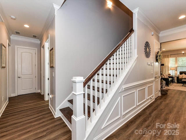 2005 Arbor Hills Dr, Indian Trail, NC 28079 - stairs with ornamental molding, wood finished floors, and recessed lighting