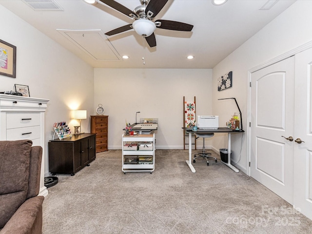 2005 Arbor Hills Dr, Indian Trail, NC 28079 - home office with attic access, ceiling fan, light colored carpet, and recessed lighting