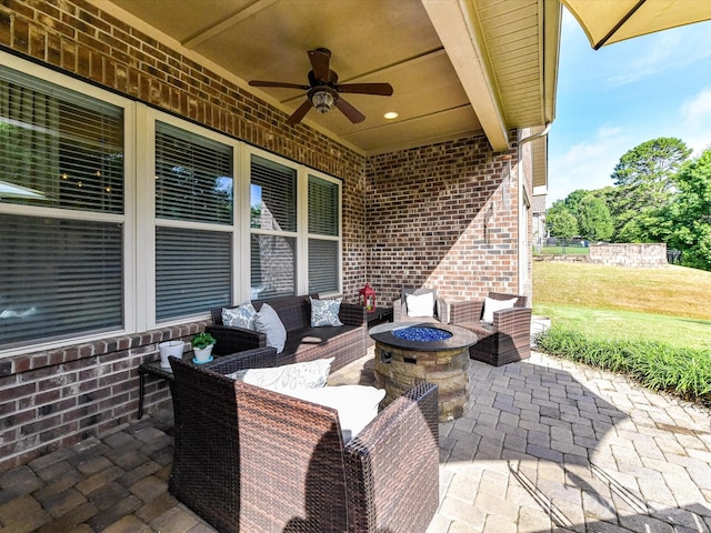 2005 Arbor Hills Dr, Indian Trail, NC 28079 - view of patio / terrace featuring a ceiling fan and an outdoor living space with a fire pit