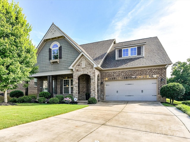 2005 Arbor Hills Dr, Indian Trail, NC 28079 - view of front of home featuring brick siding, a front yard, driveway, roof with shingles, and stone siding