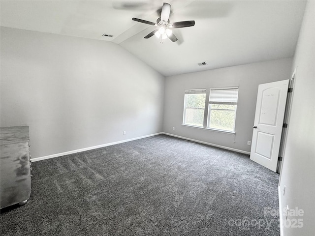 11109 Pond Valley Ct, Charlotte, NC 28269 - empty room with ceiling fan, lofted ceiling, and dark carpet