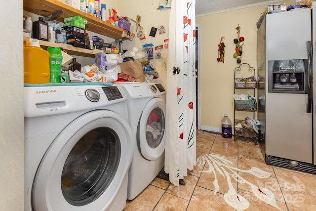 8301 Pine Oak Rd, Waxhaw, NC 28173 - laundry room featuring washing machine and dryer and ornamental molding