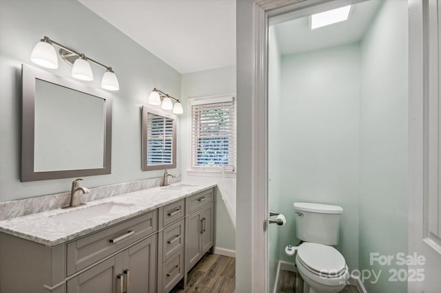 104 Britton Ave, Hendersonville, NC 28791 - bathroom featuring wood finished floors, double vanity, and a skylight