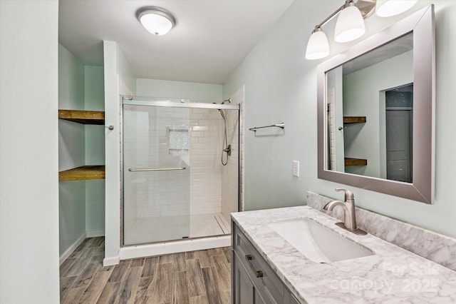 104 Britton Ave, Hendersonville, NC 28791 - full bathroom featuring vanity, wood finished floors, and a shower stall