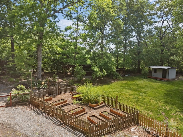 27 Rosebud Ln, Fairview, NC 28730 - view of yard with a storage shed, a vegetable garden, and view of wooded area