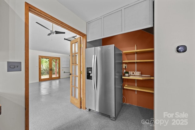 27 Rosebud Ln, Fairview, NC 28730 - kitchen with stainless steel fridge with ice dispenser, french doors, a ceiling fan, and white cabinets