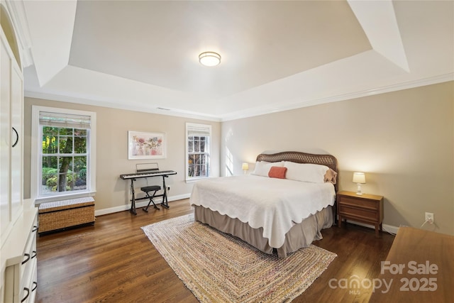 1237 Saint Johns Ave, Matthews, NC 28104 - bedroom featuring a tray ceiling, dark wood finished floors, and radiator