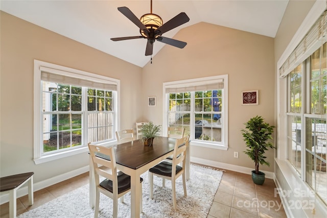 1237 Saint Johns Ave, Matthews, NC 28104 - dining space with a ceiling fan, light tile patterned floors, and high vaulted ceiling