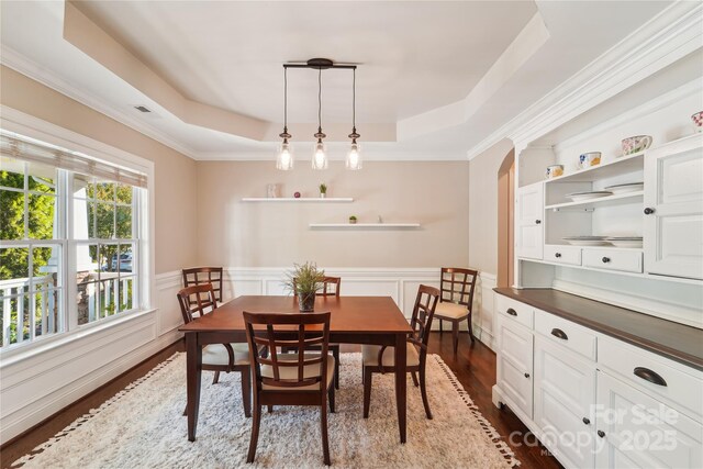 1237 Saint Johns Ave, Matthews, NC 28104 - dining room featuring a raised ceiling, dark wood finished floors, wainscoting, and crown molding