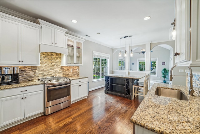 1237 Saint Johns Ave, Matthews, NC 28104 - kitchen featuring stainless steel gas stove, white cabinetry, dark wood-style flooring, light stone countertops, and crown molding