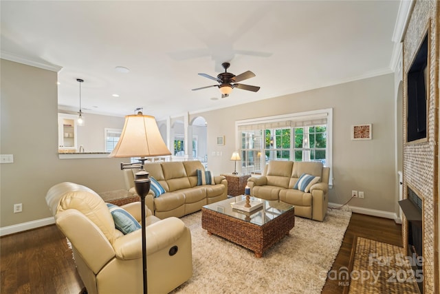 1237 Saint Johns Ave, Matthews, NC 28104 - living room with crown molding, wood finished floors, ceiling fan, and recessed lighting