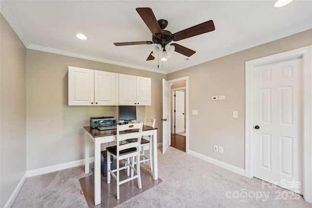1237 Saint Johns Ave, Matthews, NC 28104 - office featuring light colored carpet, a ceiling fan, ornamental molding, and recessed lighting