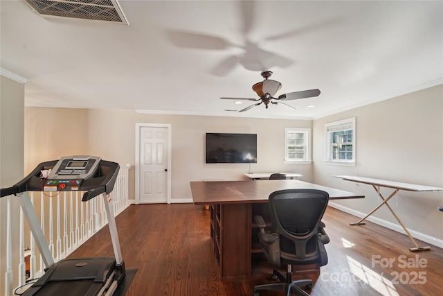 1237 Saint Johns Ave, Matthews, NC 28104 - office space with crown molding, ceiling fan, and dark wood finished floors