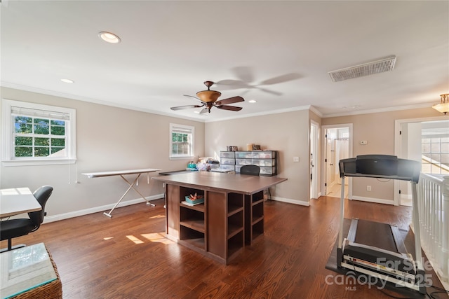 1237 Saint Johns Ave, Matthews, NC 28104 - office featuring a ceiling fan, wood finished floors, ornamental molding, and recessed lighting