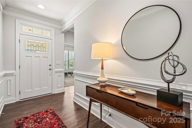 1009 Kemp Rd, Indian Trail, NC 28079 - foyer entrance featuring dark wood-style floors, wainscoting, and ornamental molding