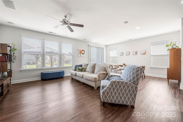 1009 Kemp Rd, Indian Trail, NC 28079 - living area with dark wood-style flooring, ceiling fan, and recessed lighting