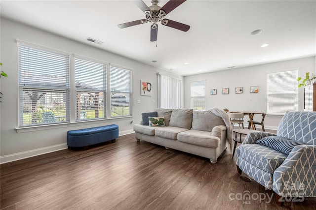 1009 Kemp Rd, Indian Trail, NC 28079 - living room featuring wood finished floors, ceiling fan, and recessed lighting