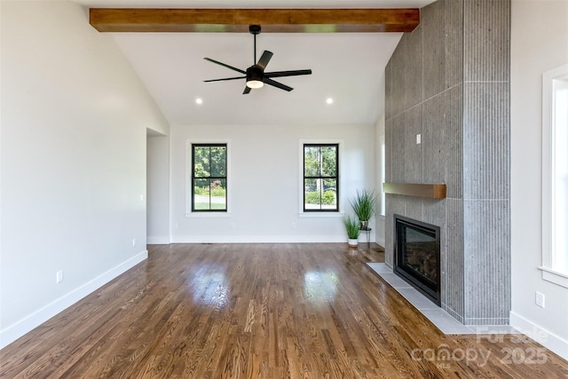 120 Gashes Creek Rd, Asheville, NC 28805 - unfurnished living room with a fireplace, wood finished floors, a ceiling fan, beam ceiling, and high vaulted ceiling