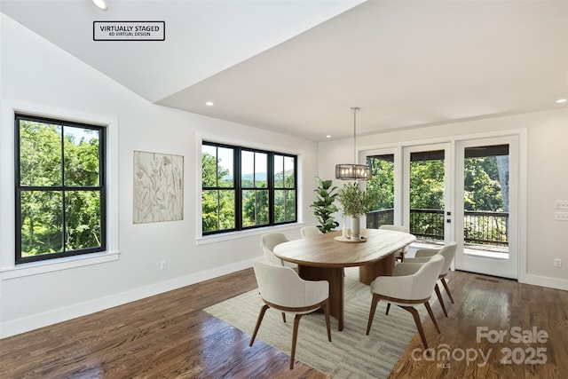 120 Gashes Creek Rd, Asheville, NC 28805 - dining space with healthy amount of natural light, dark wood-style flooring, recessed lighting, and a chandelier