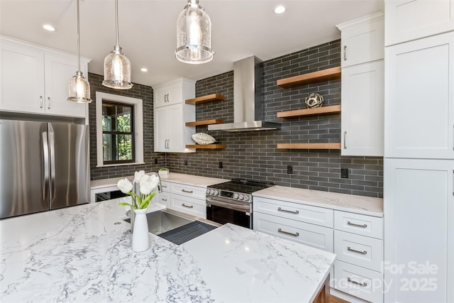 120 Gashes Creek Rd, Asheville, NC 28805 - kitchen with appliances with stainless steel finishes, open shelves, wall chimney exhaust hood, backsplash, and white cabinets
