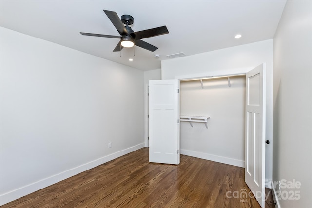 120 Gashes Creek Rd, Asheville, NC 28805 - unfurnished bedroom featuring dark wood-type flooring, a closet, recessed lighting, and ceiling fan