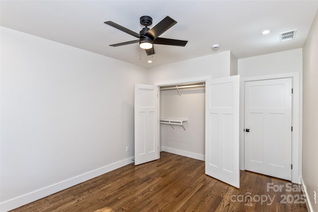 120 Gashes Creek Rd, Asheville, NC 28805 - unfurnished bedroom featuring dark wood finished floors, a closet, recessed lighting, and a ceiling fan