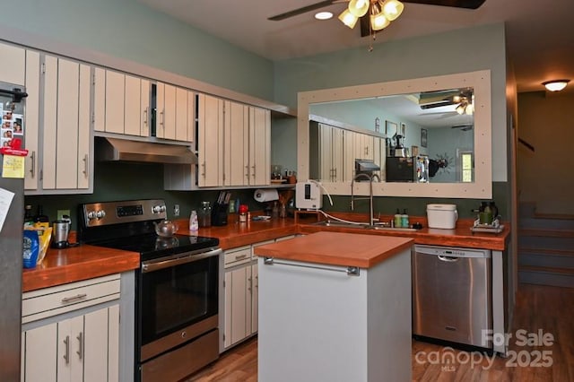 2668 Reedy Branch Rd, Purlear, NC 28665 - kitchen with stainless steel appliances, ventilation hood, a ceiling fan, and wood counters