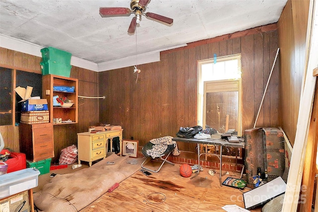 112 Harmony Trl, Gastonia, NC 28056 - office space with a ceiling fan, wood walls, and wood finished floors