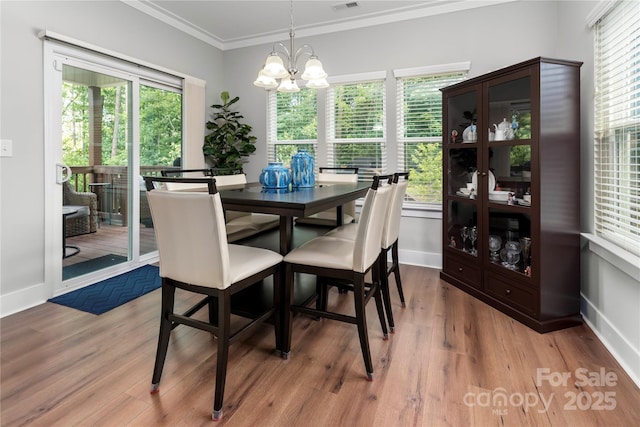 7516 Ohara St, Huntersville, NC 28078 - dining area with crown molding, a chandelier, light wood-style flooring, and healthy amount of natural light