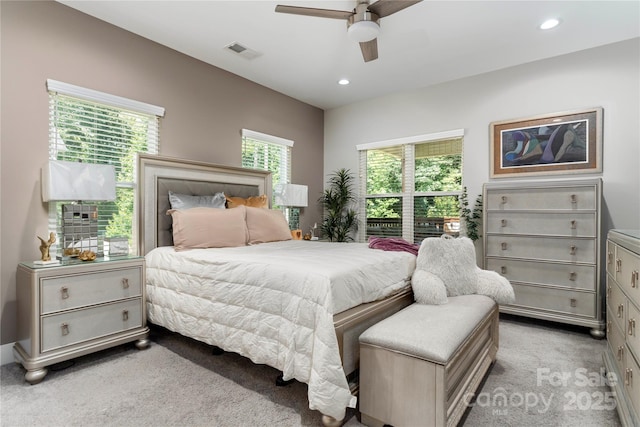 7516 Ohara St, Huntersville, NC 28078 - bedroom with light carpet, recessed lighting, and a ceiling fan