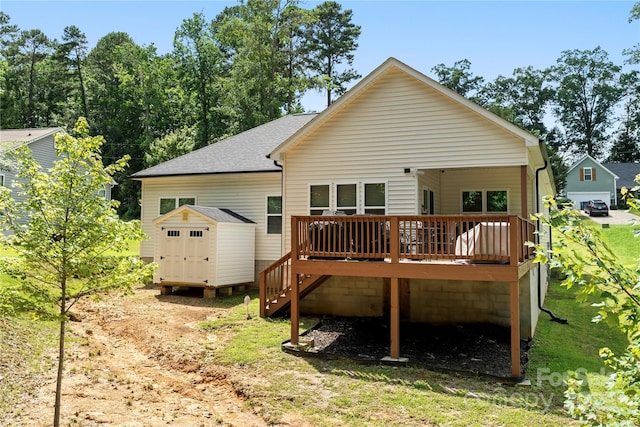7516 Ohara St, Huntersville, NC 28078 - rear view of house with a wooden deck, roof with shingles, and a storage shed