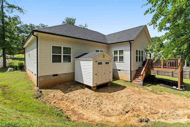 7516 Ohara St, Huntersville, NC 28078 - back of house with crawl space, stairway, a storage unit, a shingled roof, and a wooden deck