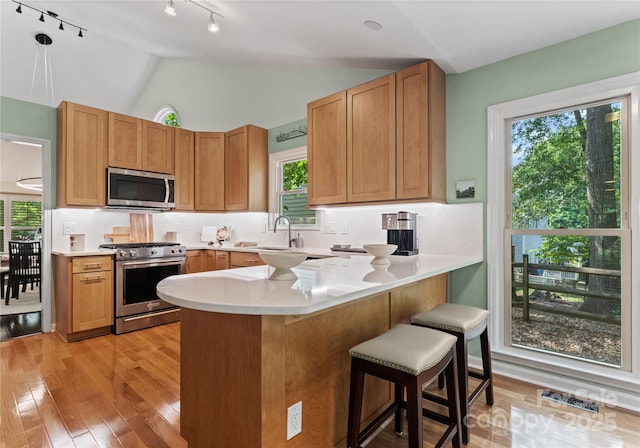 9141 Covey Hollow Ct, Charlotte, NC 28210 - kitchen featuring stainless steel appliances, rail lighting, light countertops, lofted ceiling, and a peninsula