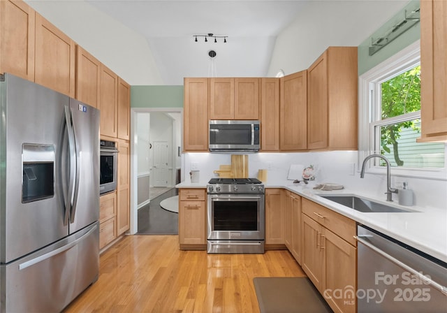 9141 Covey Hollow Ct, Charlotte, NC 28210 - kitchen featuring appliances with stainless steel finishes, light wood-type flooring, lofted ceiling, and light countertops