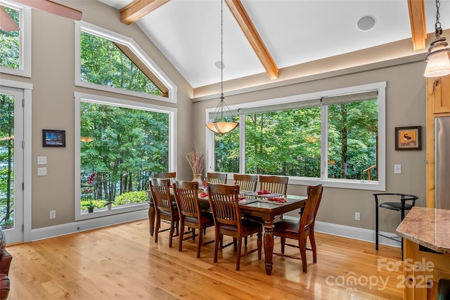 429 Turtle Head Dr, Nebo, NC 28761 - dining space featuring beam ceiling, light wood finished floors, and high vaulted ceiling