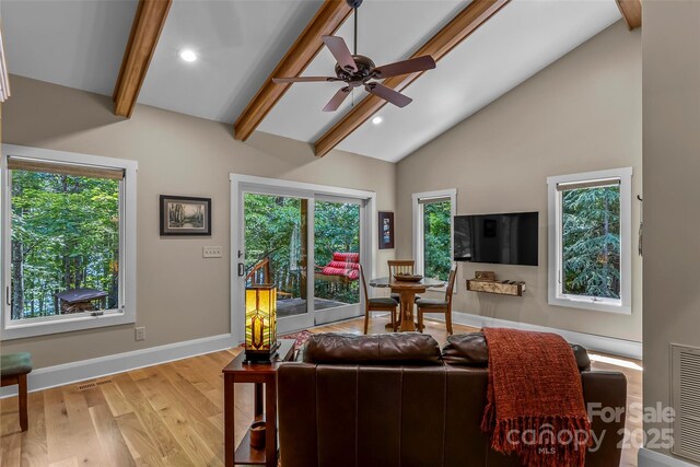 429 Turtle Head Dr, Nebo, NC 28761 - living room with beam ceiling, wood finished floors, ceiling fan, recessed lighting, and high vaulted ceiling