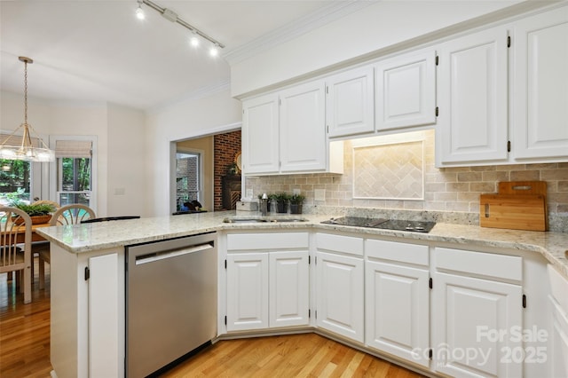 5008 Saddle Horn Trl, Weddington, NC 28104 - kitchen with dishwasher, black electric cooktop, light wood finished floors, white cabinetry, and track lighting
