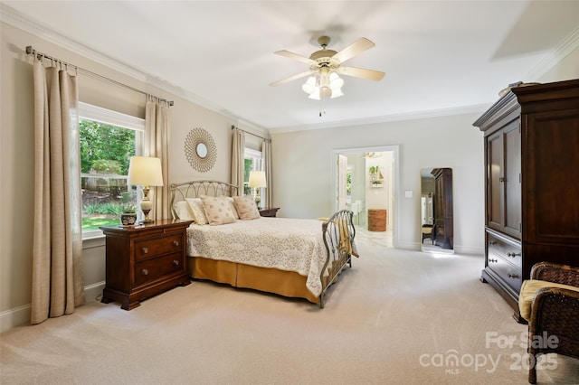 5008 Saddle Horn Trl, Weddington, NC 28104 - bedroom with light colored carpet, ornamental molding, and a ceiling fan