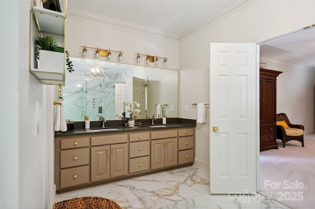 5008 Saddle Horn Trl, Weddington, NC 28104 - full bath with crown molding, double vanity, marble finish flooring, and a marble finish shower