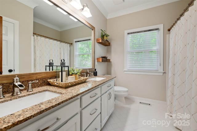 5008 Saddle Horn Trl, Weddington, NC 28104 - full bath featuring double vanity, ornamental molding, tile patterned flooring, and a shower with curtain