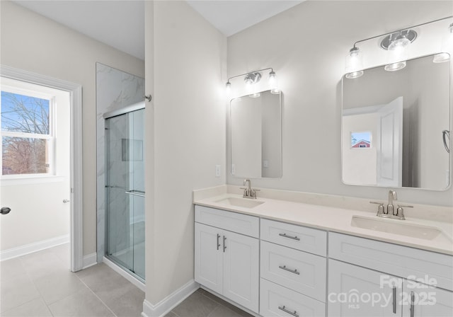 7300 Boswell Rd Unit 4A, Charlotte, NC 28215 - full bath featuring double vanity, a shower stall, and tile patterned flooring