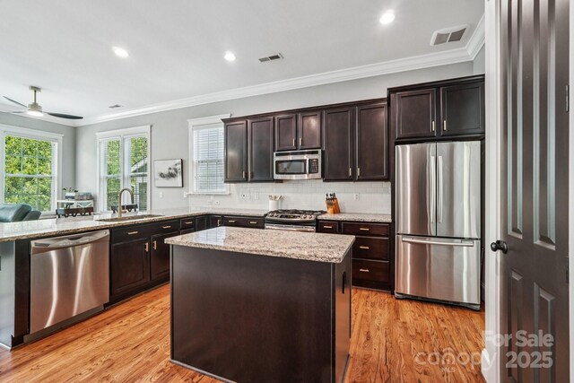739 Terrace Park, Rock Hill, SC 29730 - kitchen with appliances with stainless steel finishes, light wood-style flooring, light stone countertops, dark brown cabinets, and crown molding