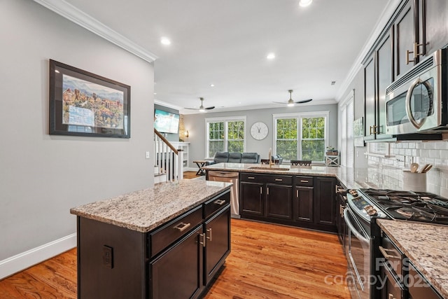 739 Terrace Park, Rock Hill, SC 29730 - kitchen with appliances with stainless steel finishes, ornamental molding, ceiling fan, light wood finished floors, and light stone countertops