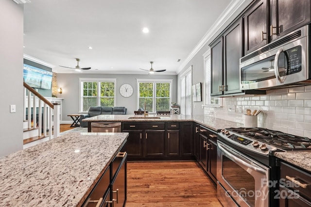 739 Terrace Park, Rock Hill, SC 29730 - kitchen featuring stainless steel appliances, a ceiling fan, crown molding, light wood finished floors, and recessed lighting