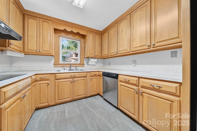 422 Wagner St, Troutman, NC 28166 - kitchen featuring dishwasher, black electric cooktop, wall chimney exhaust hood, and light countertops