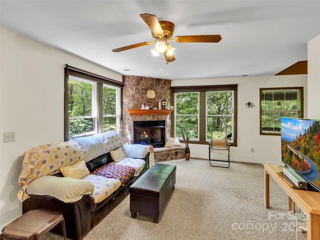 57 Copperhead Cv, Sylva, NC 28779 - living room featuring a ceiling fan, carpet, and a fireplace