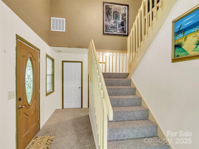 57 Copperhead Cv, Sylva, NC 28779 - foyer entrance featuring carpet floors, stairway, and a high ceiling