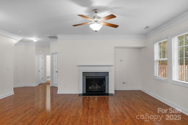 8325 Burgundy Ridge Dr, Harrisburg, NC 28075 - unfurnished living room with wood finished floors, ceiling fan, a fireplace with flush hearth, and ornamental molding